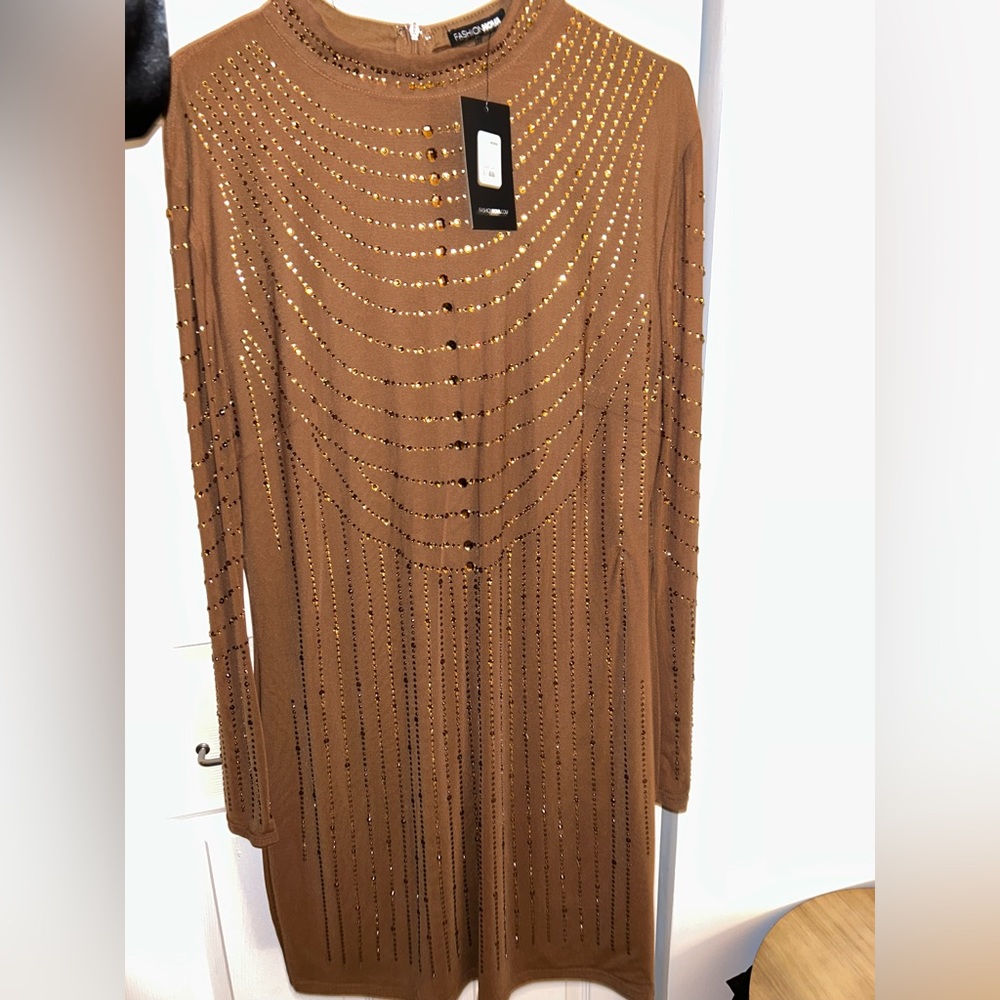 Brown dress with brown rhinestones midi dress